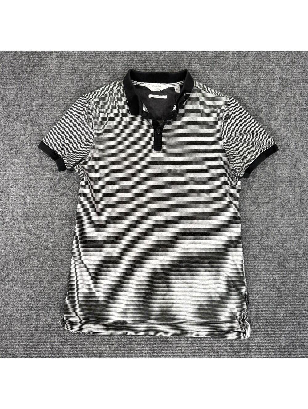Mens Calvin Klein Gray White Striped Short-Sleeve Liquid Touch Polo Shirt XS